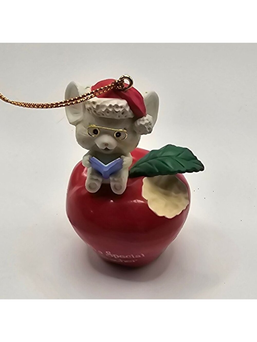 1992 Lustre Fame "To A Special Teacher"‎ Mouse On Red Apple Christmas Ornament